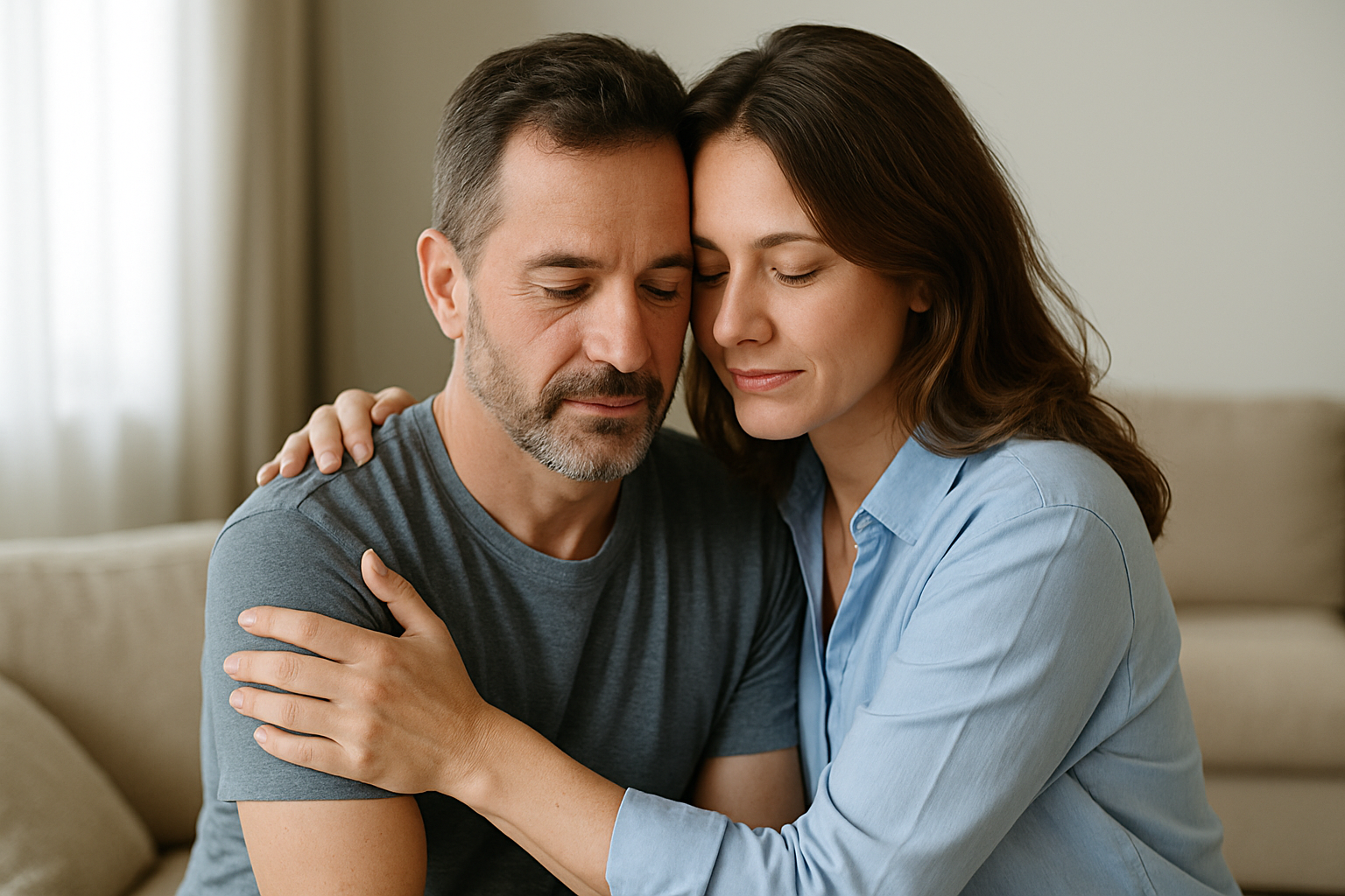 Pareja madura abrazándose con expresión de apoyo emocional en contexto de salud íntima masculina